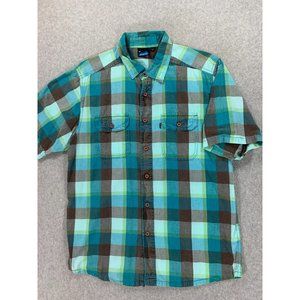 Kavu 100% Cotton Plaid Short Sleeve Button Down Shirt (Men's Medium)‎ Blue